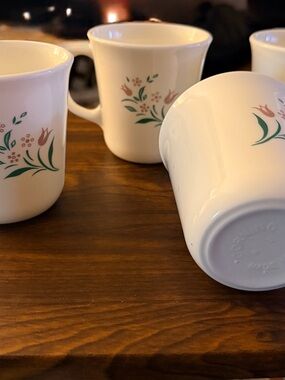 Vintage Corelle mugs in the "Rosemarie" pattern,  features pink tulips & foliage